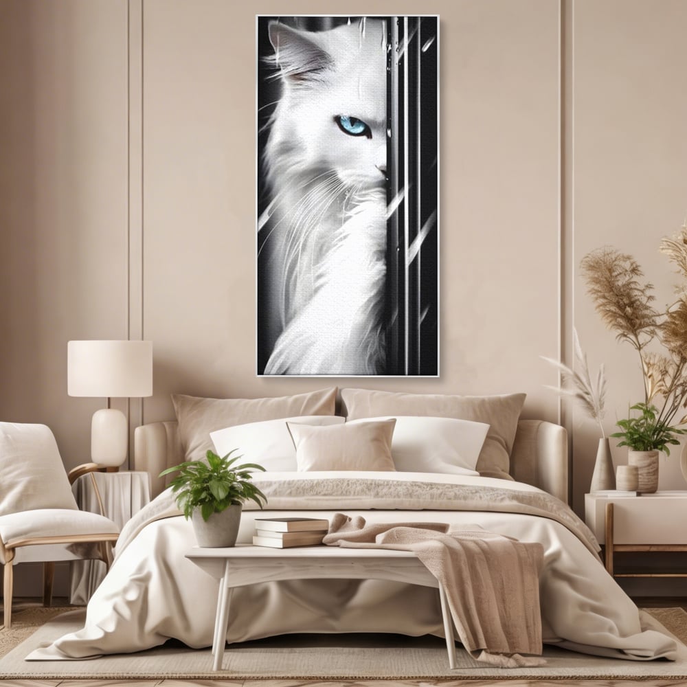Tablou canvas cu tablou canvas cu pisica alba si ochi albastri, in rama de aluminiu argintiu, pe perete intr-un dormitor